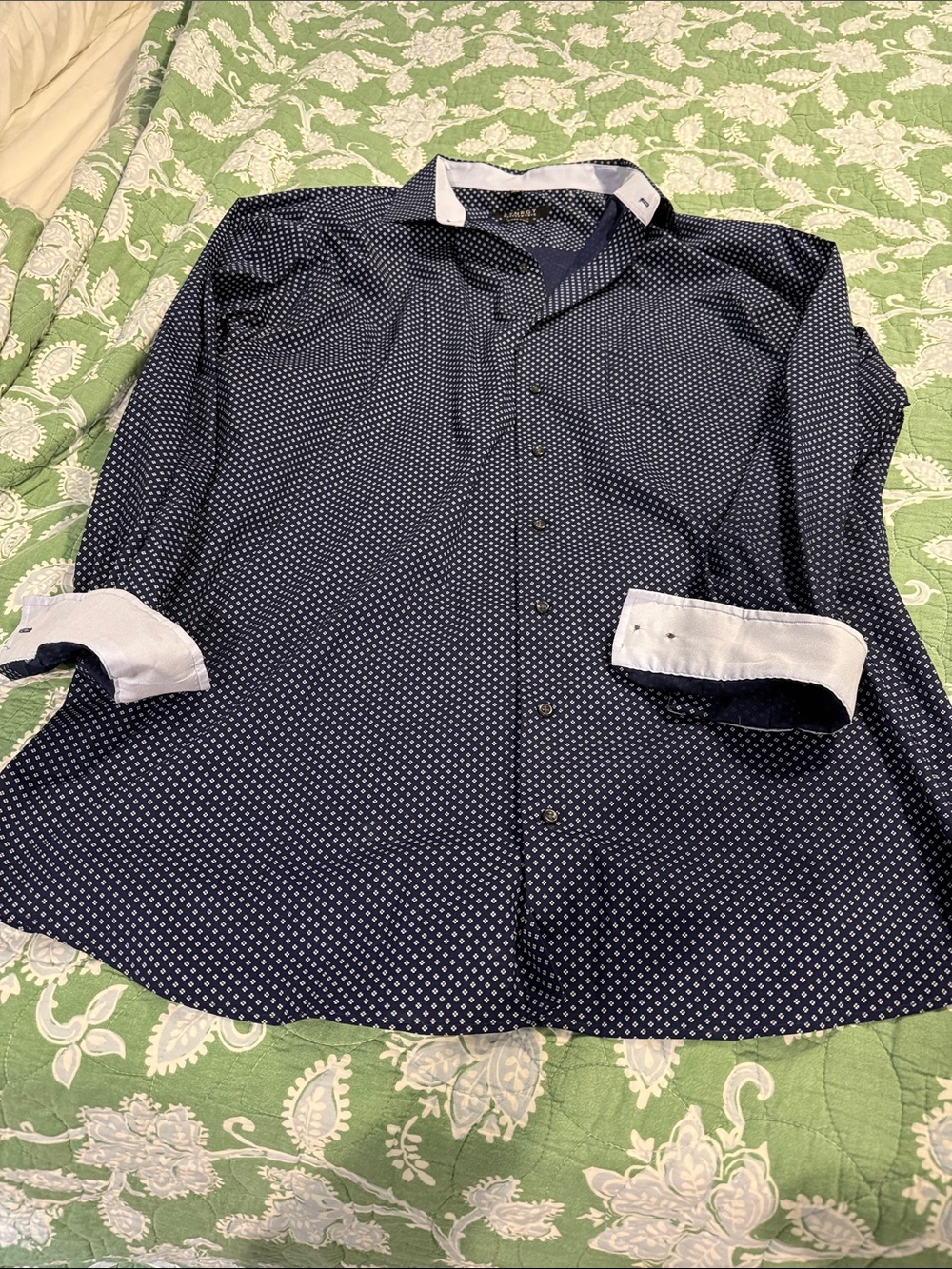 Men's Navy Micro-Pattern Dress Shirt with Contrast White Trim